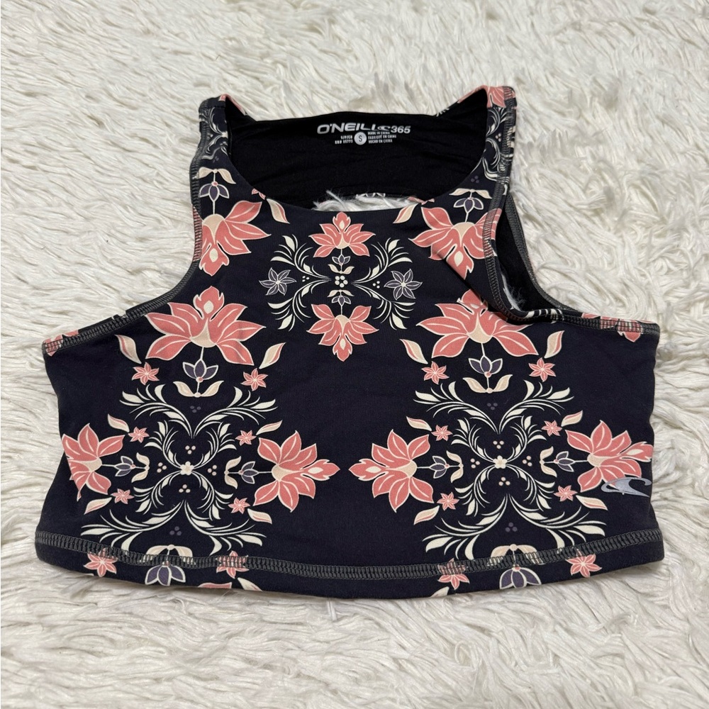 O'Neill 365 Clara Sports Bra Black Pink Floral High Neck Strappy Back Small - Picture 2 of 6